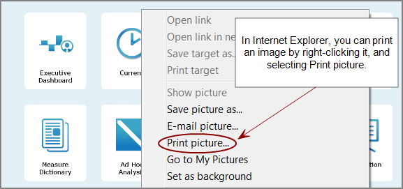 In Internet Explorer, you can print an image by right-clicking it, and selecting Print picture.