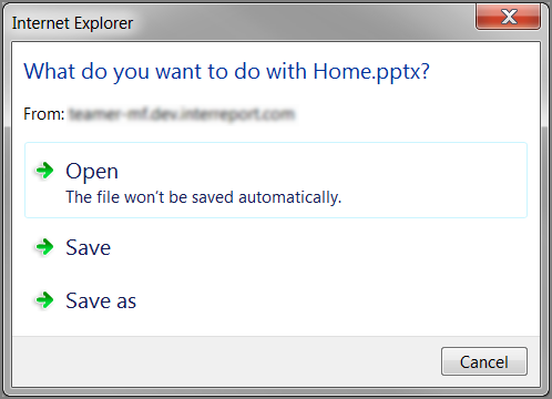 In Internet Explorer, you can choose to open the file or to save it.