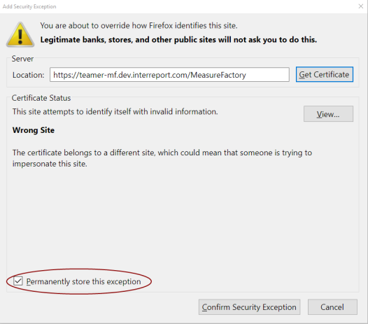 Add security exception dialog box. 