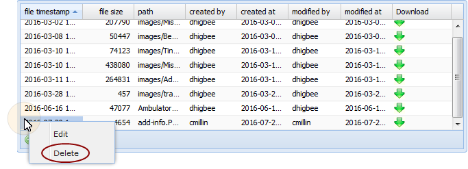 Table editor portlet, entry row context sensitive menu.