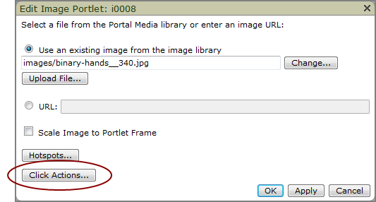 Example of the Edit image portlet dialog box, showing the location of the click actions option.