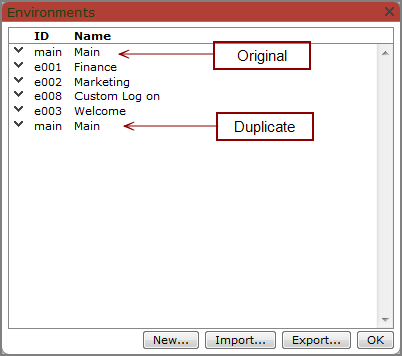 Envoronments dialog box showing a duplicated environment.