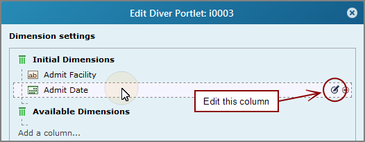 Edit diver portlet, dimension settings dialog box, edit this column icon.