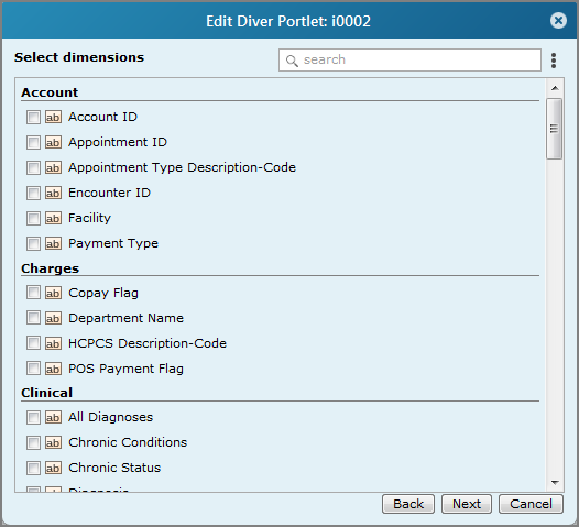 Edit Diver Portlet, Select dimensions dialog box.