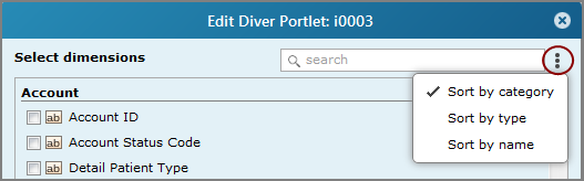 An example of an edit diver portlet select dimension dialog box showing the location of the menu icon.