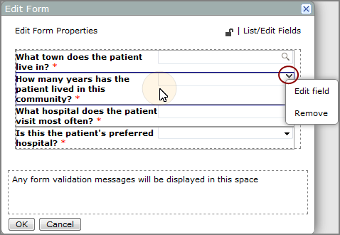 Edit form dialog box with a field selected, showing the context menu.