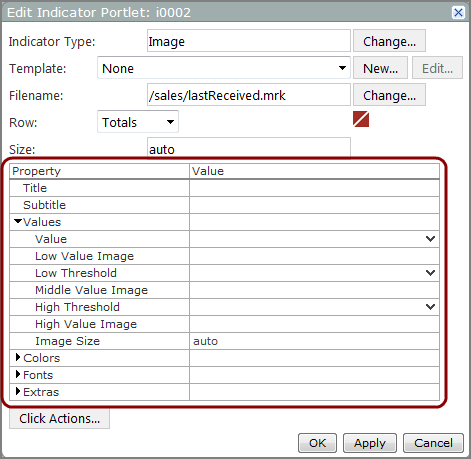 Example of an edit indicator portlet dialog box for an image indicator.