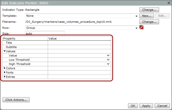 Edit indicator portlet dialog box showing rectangle properties. 