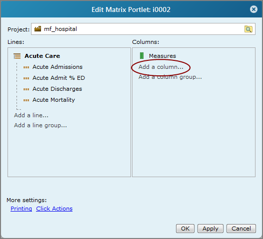Edit matrix portlet showing the location of the add a column option.