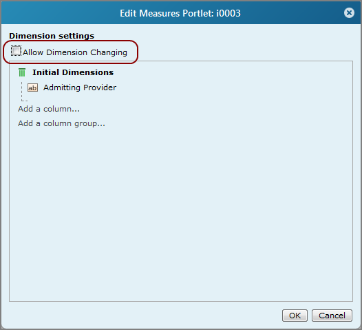 Edit Measures Portlet, dimension settings dialog box.