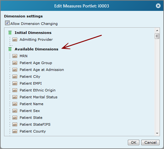 Edit Measure Portlet, Dimension settings dialog box showing Available dimensions.