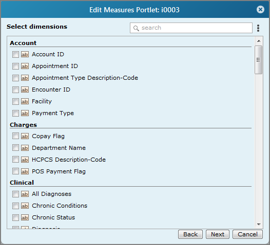An example of an edit measures portlet, select dimensions dialog box.