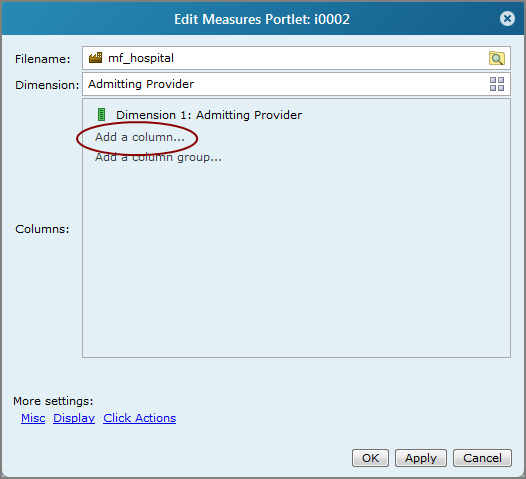 Edit Measures Portlet showing the location of the Add a column option.