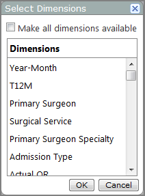 Available dimensions list in the select dimensions dialog box.