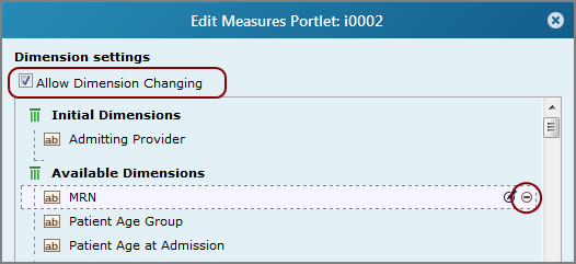 Edit measures portlet showing the location of the Allow Dimension Changing, and Remove this column options.