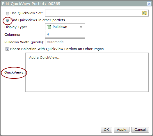 Edit QuickView portlet dialog box with find Quickviews in other portlets selected. 