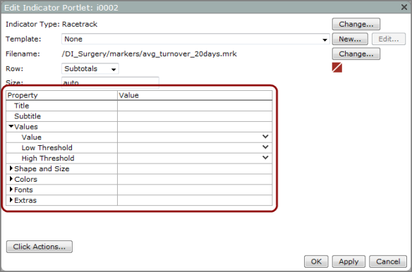 Example of an edit indicator portlet dialog box showing racetrack properties.