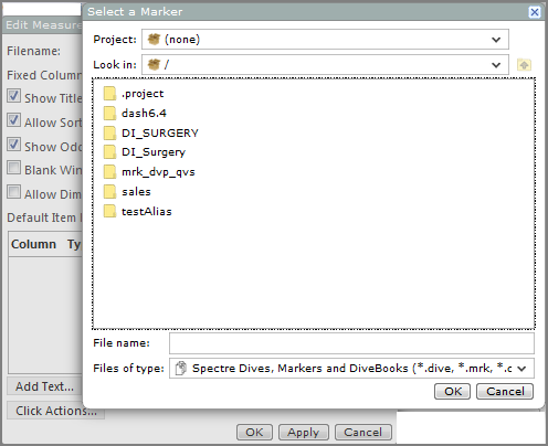Edit Measure Portlet dialog box with a Select a Marker dialog box on top.
