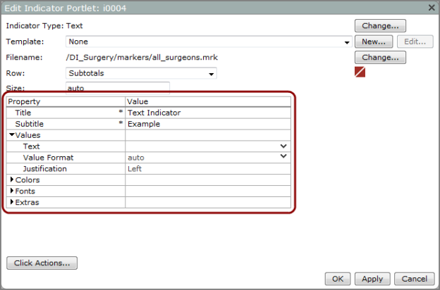 Edit indicator portlet dialog box showing text properties.
