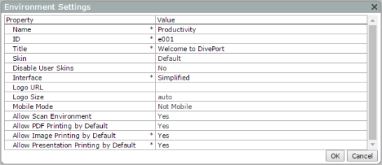 Environment Settings dialog box.