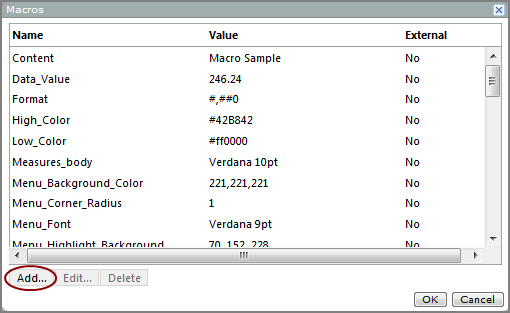 An example of the Macros dialog box, showing the location of the add option.