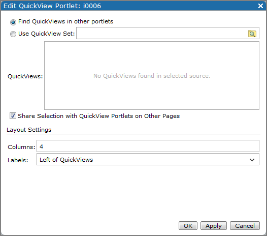 An example of an edit QuickView portlet dialog box showing the default settings.
