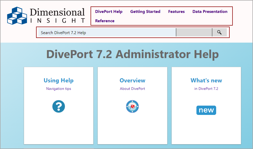 Sample DivePort Help page showing menu, search box, and page links.