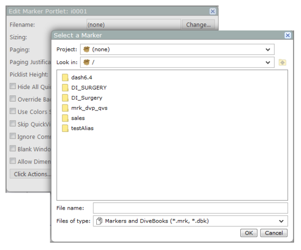 Edit marker portlet and select a marker dialog boxes.