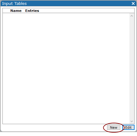Input tables page, showing the New option.