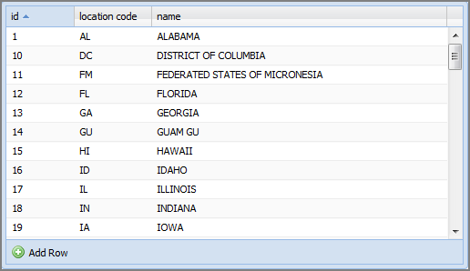 Example of a table editor portlet showing US state and territory location code list.
