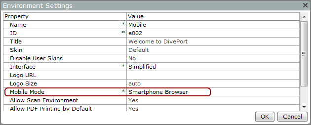 Location of the smartphone browser setting on the environment settings dialog box.