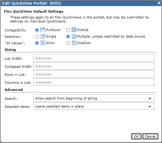 Edit Flex QuickView default settings page.