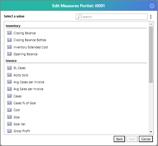 The Edit Measures Portlet dialog box Select a value page appears.