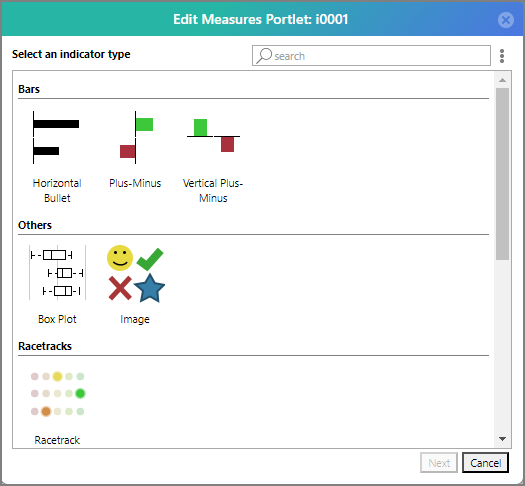 The Edit Measures Portlet dialog box Select an indicator type page.
