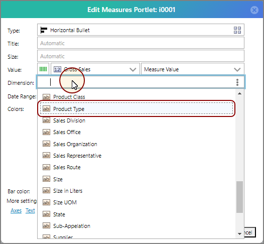 The secondary Dimension field context menu.