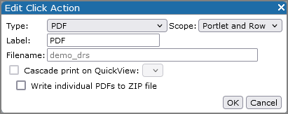 An example of an edit click action, pdf dialog box.