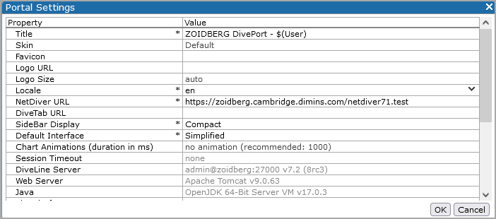 Portal settings dialog box.