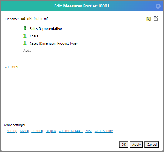 Cross column added in the Edit Measures Portlet dialog box.