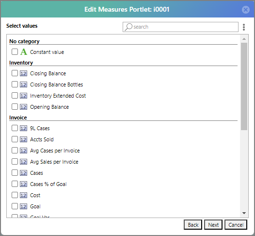 The Edit Measure Portlet dialog box Select values page.