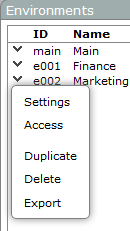 Environments context menu.