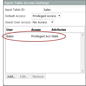 Partial display of the Input Table Access Settings dialog box showing the added user.