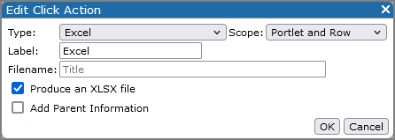 Sample Edit Excel Click Action dialog box.