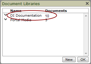 Document library list showing ten documents in the DI documentation library.