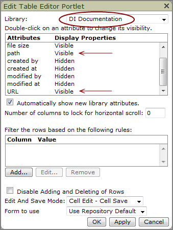 Edit table editor portlet dialog box.
