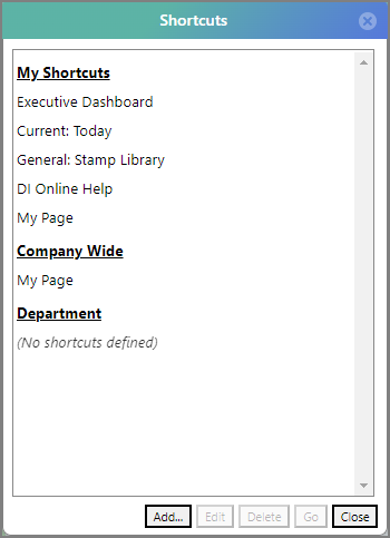 The Shortcuts dialog box.