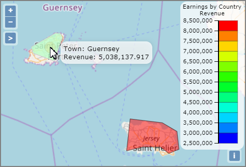 Pointing to an area of the map shows values.