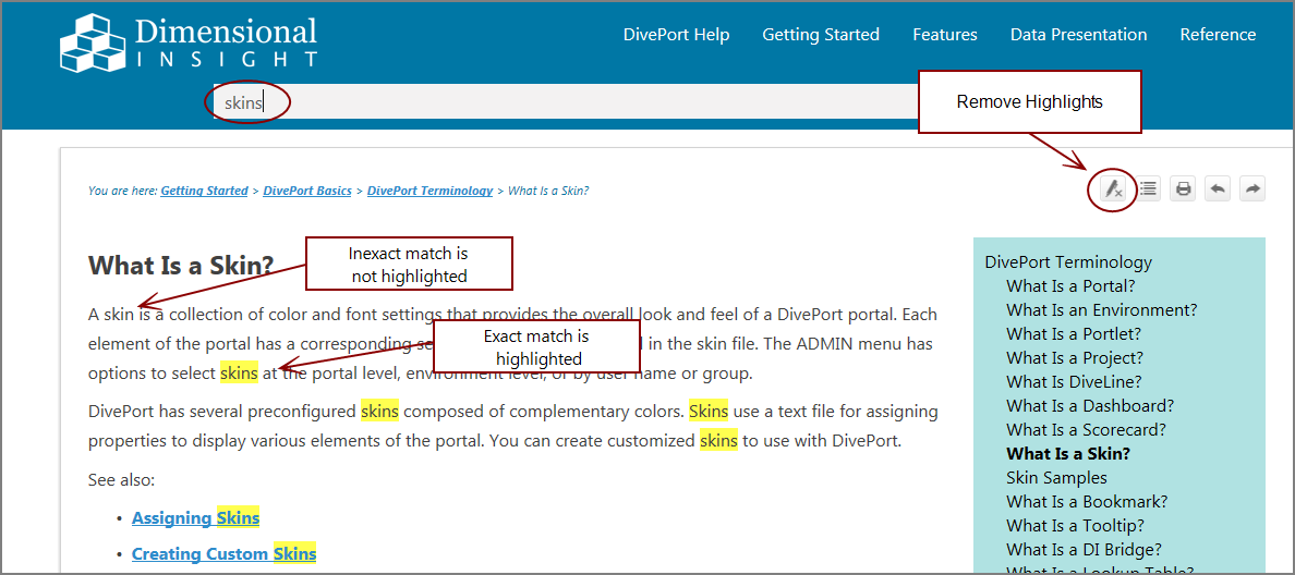 Highlighted search results.