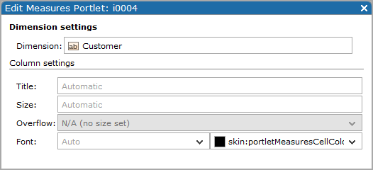 An example of the Edit Measures Portlet, dimension settings page.