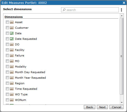 An example of an edit measures portlet, select dimensions dialog box.
