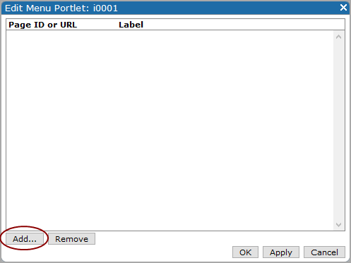Example of an edit menu portlet dialog box before any pages are added.